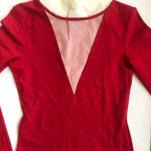 Red Bodycon w/Deep Mesh Front V-Neck NWT